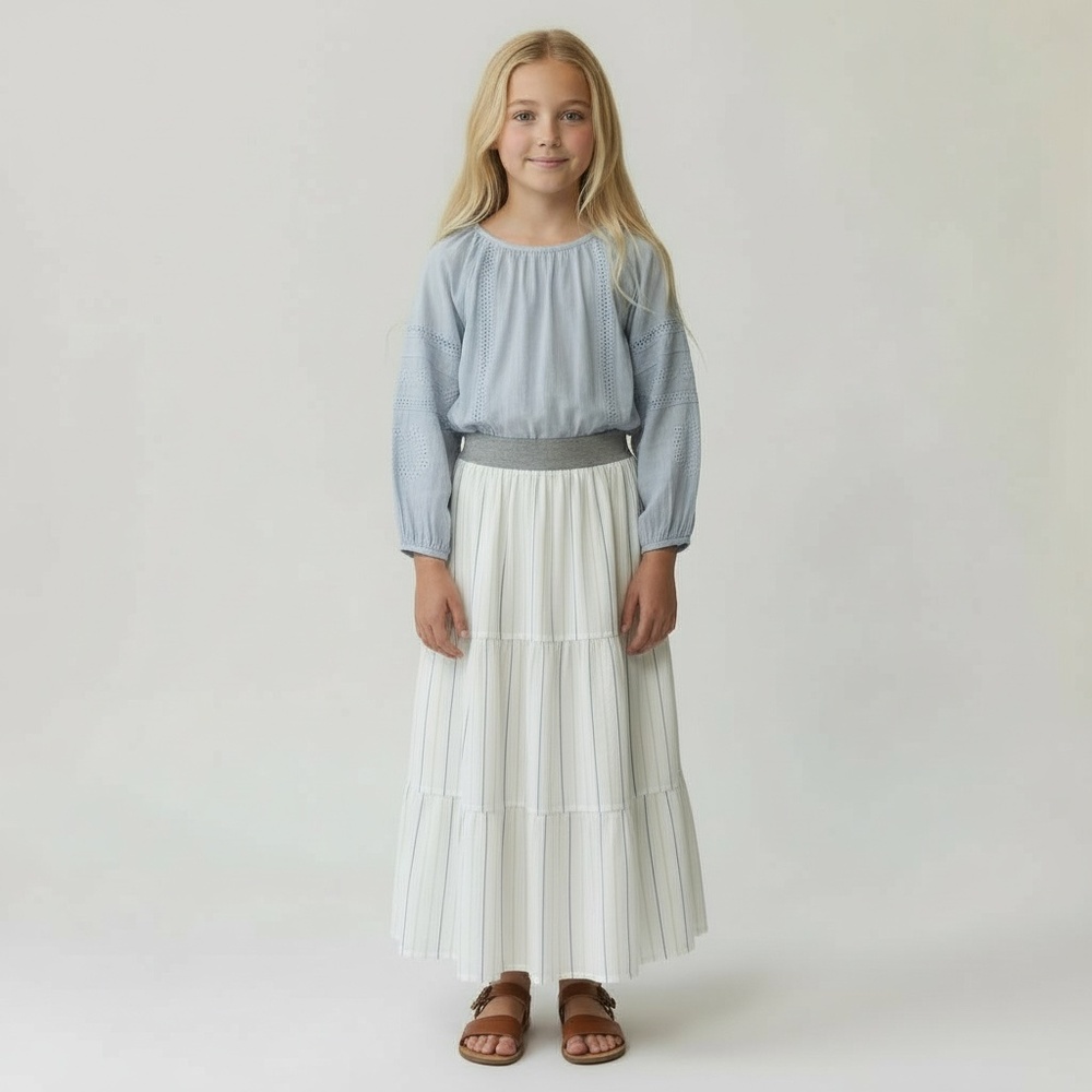 Skirt Girls M 8‎ Maxi Striped White Ruffle Tier 100% Cotton Mom and Pop's Kids